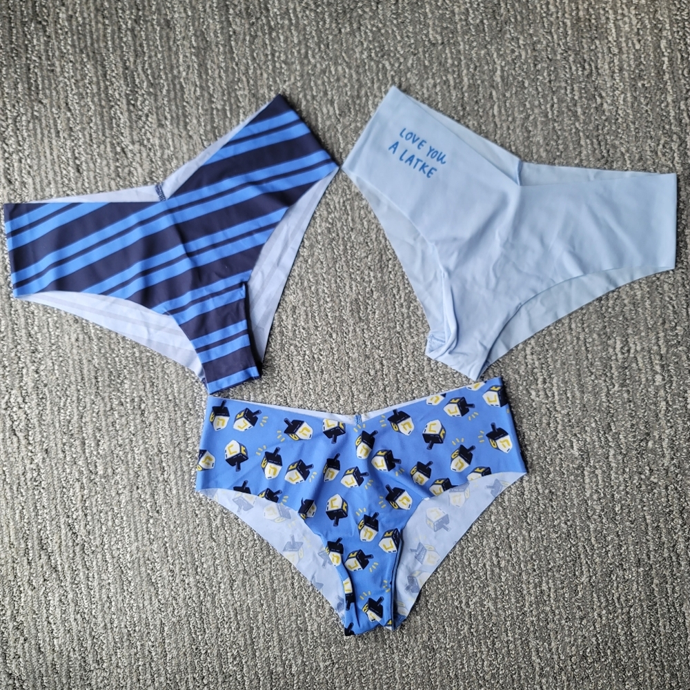 Aerie 'Love You A Latke' 3-Pack No Show Cheeky Panty Set Size Small In Blue NWT